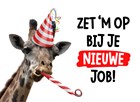 nieuwe baan kaart giraf met feesthoedje